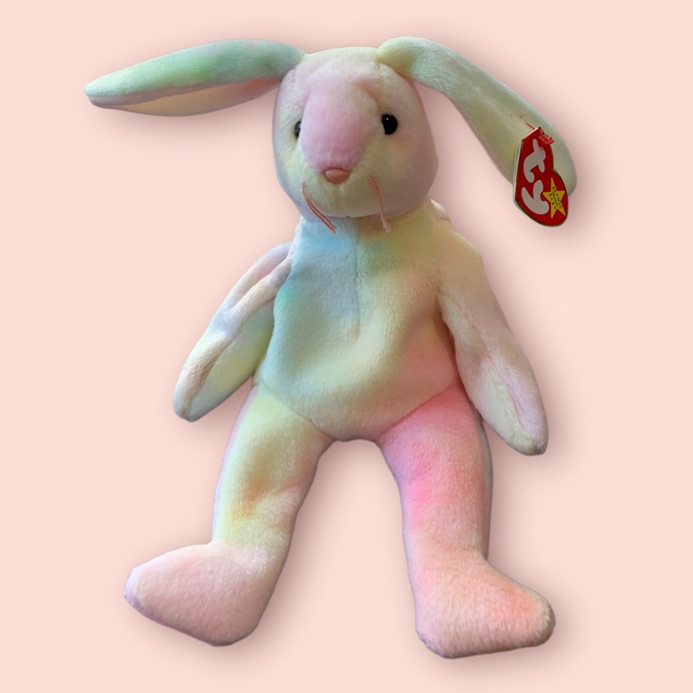 TY Beanie Baby Hippie The Tie Dye Rabbit 1998 Hang Tag & 1999 Metallic Tush Tag